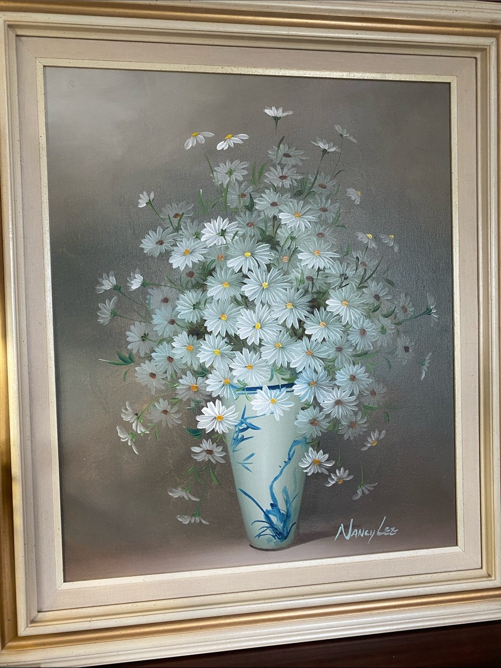 Nancy Lee Original Daisy Oil Painting Blue White Vase Mid Century Floral Art